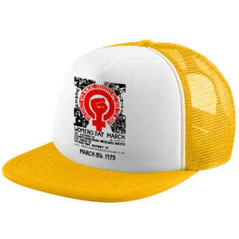 Women's day 1975 poster, Adult Soft Trucker Hat with Yellow/White Mesh (POLYESTER, ADULT, UNISEX, ONE SIZE)