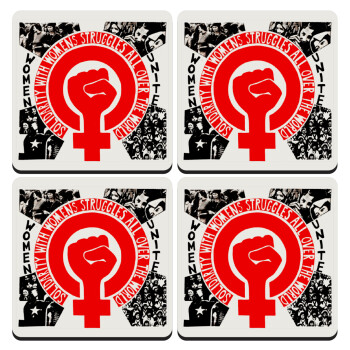 Women's day 1975 poster, ΣΕΤ 4 Σουβέρ ξύλινα τετράγωνα (9cm)