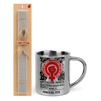 Women's day 1975 poster, Easter Set, metallic thermal cup (300ml) & Easter aromatic flat candle (30cm) (GRAY)