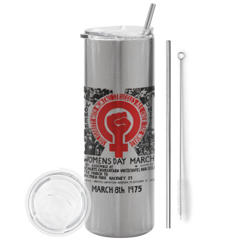 Women's day 1975 poster, Eco friendly stainless steel Silver tumbler 600ml, with metal straw & cleaning brush