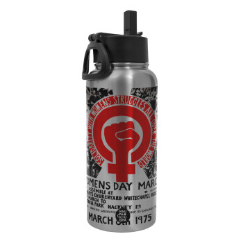 Women's day 1975 poster, Metal mug thermo Silver with Straw and Spout Lid (Stainless steel), double wall, 950ml