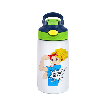 We can do it!, Children's hot water bottle, stainless steel, with safety straw, green, blue (350ml)
