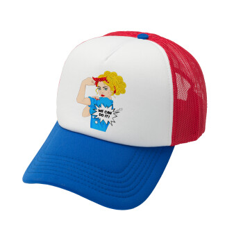 We can do it!, Adult Soft Trucker Hat with Red/Blue/White Mesh (POLYESTER, ADULT, UNISEX, ONE SIZE)