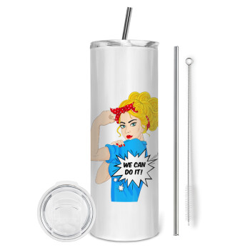 We can do it!, Eco friendly ποτήρι θερμό (tumbler) από ανοξείδωτο ατσάλι 600ml, με μεταλλικό καλαμάκι & βούρτσα καθαρισμού