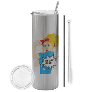 We can do it!, Eco friendly ποτήρι θερμό Ασημένιο (tumbler) από ανοξείδωτο ατσάλι 600ml, με μεταλλικό καλαμάκι & βούρτσα καθαρισμού