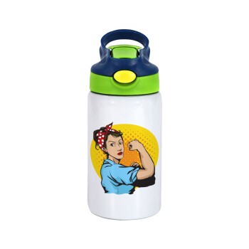 Strong Women, Children's hot water bottle, stainless steel, with safety straw, green, blue (350ml)