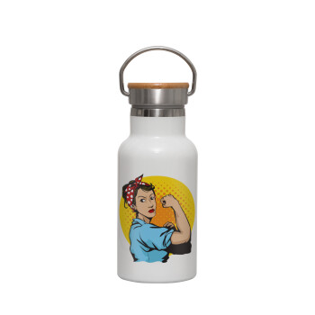 Strong Women, Metallic thermos (Stainless steel) White with wooden lid (bamboo), double-walled, 350ml