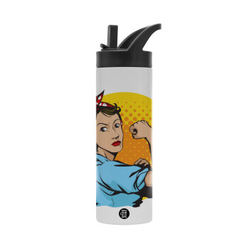 Strong Women, Metallic thermos bottle with straw & handle, stainless steel (Stainless steel 304), double-walled, 600ml.