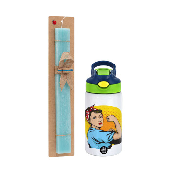 Strong Women, Easter Set, Children's thermal stainless steel bottle with safety straw, green/blue (350ml) & aromatic flat Easter candle (30cm) (TURQUOISE)