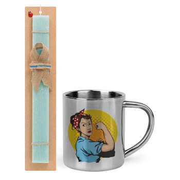 Strong Women, Easter Set, metallic thermal cup (300ml) & aromatic flat Easter candle (30cm) (TURQUOISE)