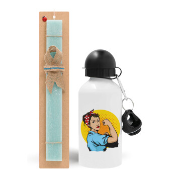 Strong Women, Easter Set, metallic aluminum water bottle (500ml) & scented flat candle (30cm) (TURQUOISE)