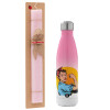 Easter Set, Metallic pink/white (Stainless steel) thermos, double-walled, 500ml & aromatic flat Easter candle (30cm) (PINK)