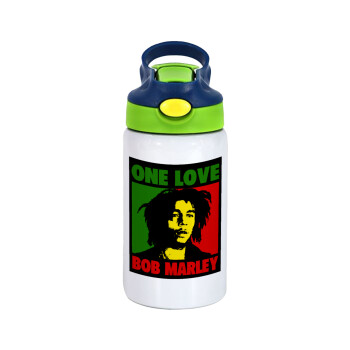 Bob marley, one love, Children's hot water bottle, stainless steel, with safety straw, green, blue (350ml)