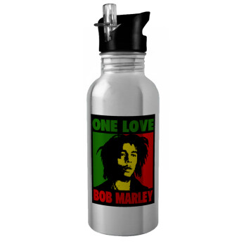 Bob marley, one love, Water bottle Silver with straw, stainless steel 600ml