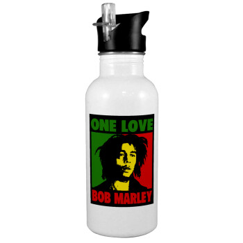 Bob marley, one love, White water bottle with straw, stainless steel 600ml