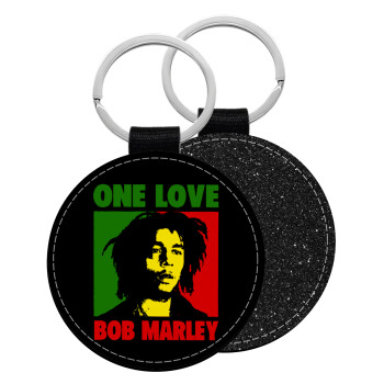 Bob marley, one love, Μπρελόκ Δερματίνη, στρογγυλό ΜΑΥΡΟ (5cm)