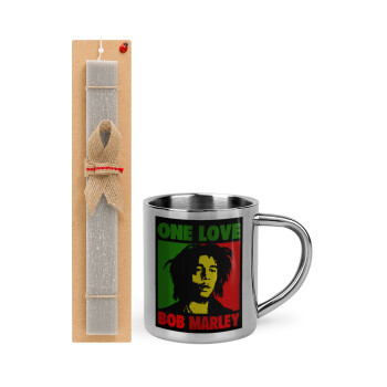 Bob marley, one love, Πασχαλινό Σετ, μεταλλική κούπα θερμό (300ml) & πασχαλινή λαμπάδα αρωματική πλακέ (30cm) (ΓΚΡΙ)