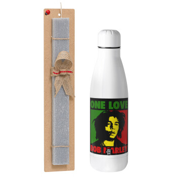 Bob marley, one love, Πασχαλινό Σετ, μεταλλικό παγούρι Inox (700ml) & πασχαλινή λαμπάδα αρωματική πλακέ (30cm) (ΓΚΡΙ)