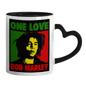 Bob marley, one love, Κούπα καρδιά χερούλι μαύρη, κεραμική, 330ml