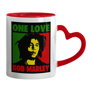 Bob marley, one love, Κούπα καρδιά χερούλι κόκκινη, κεραμική, 330ml