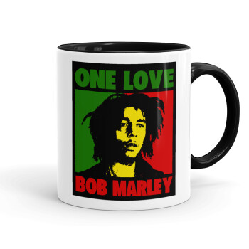 Bob marley, one love, Κούπα χρωματιστή μαύρη, κεραμική, 330ml