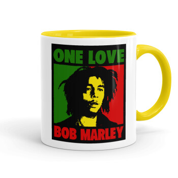 Bob marley, one love, Κούπα χρωματιστή κίτρινη, κεραμική, 330ml