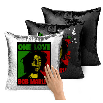 Bob marley, one love, Μαξιλάρι καναπέ Μαγικό Μαύρο με πούλιες 40x40cm περιέχεται το γέμισμα