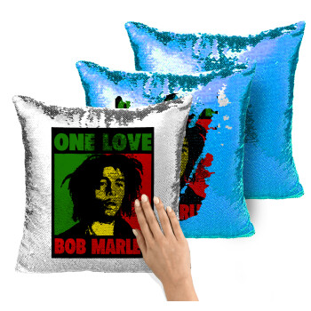 Bob marley, one love, Μαξιλάρι καναπέ Μαγικό Μπλε με πούλιες 40x40cm περιέχεται το γέμισμα