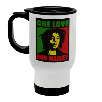 Bob marley, one love, Stainless steel travel mug with lid, double wall white 450ml
