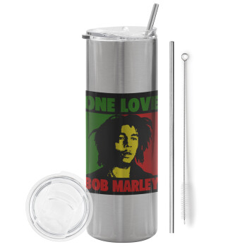Bob marley, one love, Eco friendly stainless steel Silver tumbler 600ml, with metal straw & cleaning brush