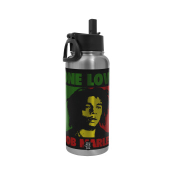 Bob marley, one love, Metal mug thermo Silver with Straw and Spout Lid (Stainless steel), double wall, 950ml