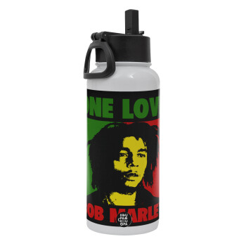 Bob marley, one love, Metal mug thermo White with Straw and Spout Lid (Stainless steel), double wall, 950ml