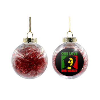 Bob marley, one love, Transparent Christmas tree ball ornament with red filling 8cm