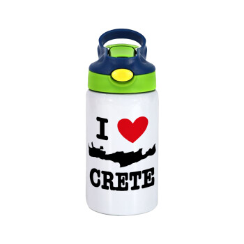 I Love Crete, Children's hot water bottle, stainless steel, with safety straw, green, blue (350ml)