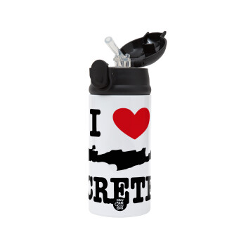 I Love Crete, Children's hot water bottle, stainless steel, with safety straw, Black (360ml) BPA-FREE