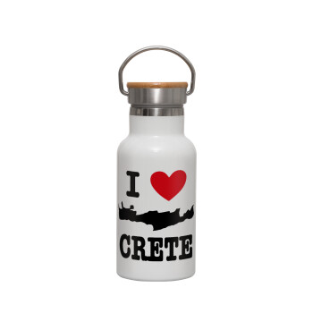 I Love Crete, Μεταλλικό παγούρι θερμός (Stainless steel) Λευκό με ξύλινο καπακι (bamboo), διπλού τοιχώματος, 350ml