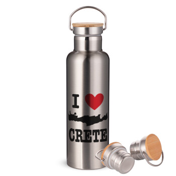 I Love Crete, Μεταλλικό παγούρι θερμός (Stainless steel) Ασημένιο με ξύλινο καπακι (bamboo), διπλού τοιχώματος, 750ml