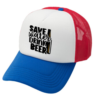 Save Water, Drink BEER, Adult Soft Trucker Hat with Red/Blue/White Mesh (POLYESTER, ADULT, UNISEX, ONE SIZE)