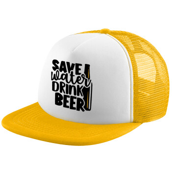 Save Water, Drink BEER, Adult Soft Trucker Hat with Yellow/White Mesh (POLYESTER, ADULT, UNISEX, ONE SIZE)