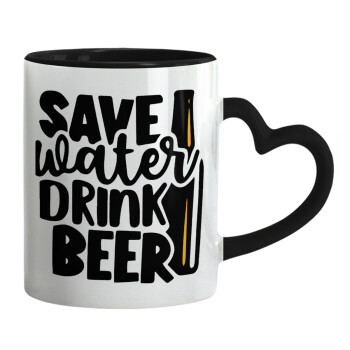 Save Water, Drink BEER, Mug heart black handle, ceramic, 330ml