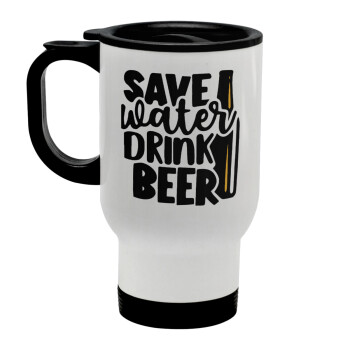 Save Water, Drink BEER, Stainless steel travel mug with lid, double wall white 450ml