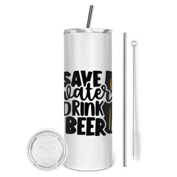 Save Water, Drink BEER, Tumbler ποτήρι θερμό από ανοξείδωτο ατσάλι 600ml, με μεταλλικό καλαμάκι & βούρτσα καθαρισμού