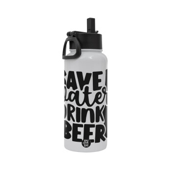 Save Water, Drink BEER, Metal mug thermo White with Straw and Spout Lid (Stainless steel), double wall, 950ml