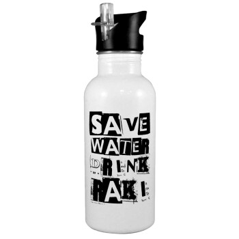 Save Water, Drink RAKI, White water bottle with straw, stainless steel 600ml