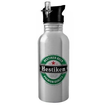 Hestiken Beer, Water bottle Silver with straw, stainless steel 600ml