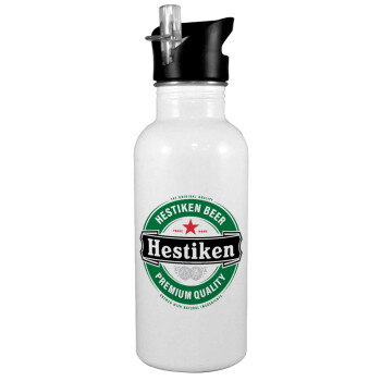 Hestiken Beer, Παγούρι νερού Λευκό με καλαμάκι, ανοξείδωτο ατσάλι 600ml
