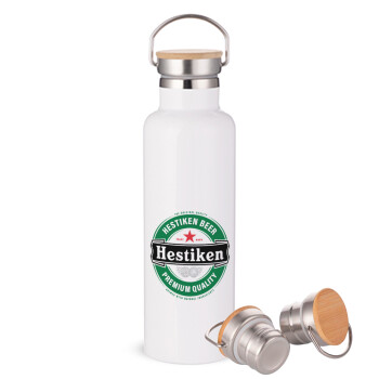 Hestiken Beer, Μεταλλικό παγούρι θερμός (Stainless steel) Λευκό με ξύλινο καπακι (bamboo), διπλού τοιχώματος, 750ml