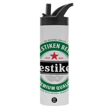 Hestiken Beer, Metallic thermos bottle with straw & handle, stainless steel (Stainless steel 304), double-walled, 600ml.