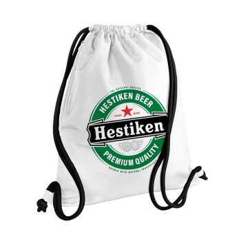 Hestiken Beer, Τσάντα πλάτης πουγκί GYMBAG λευκή, με τσέπη (40x48cm) & χονδρά κορδόνια