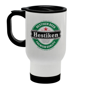 Hestiken Beer, Stainless steel travel mug with lid, double wall white 450ml